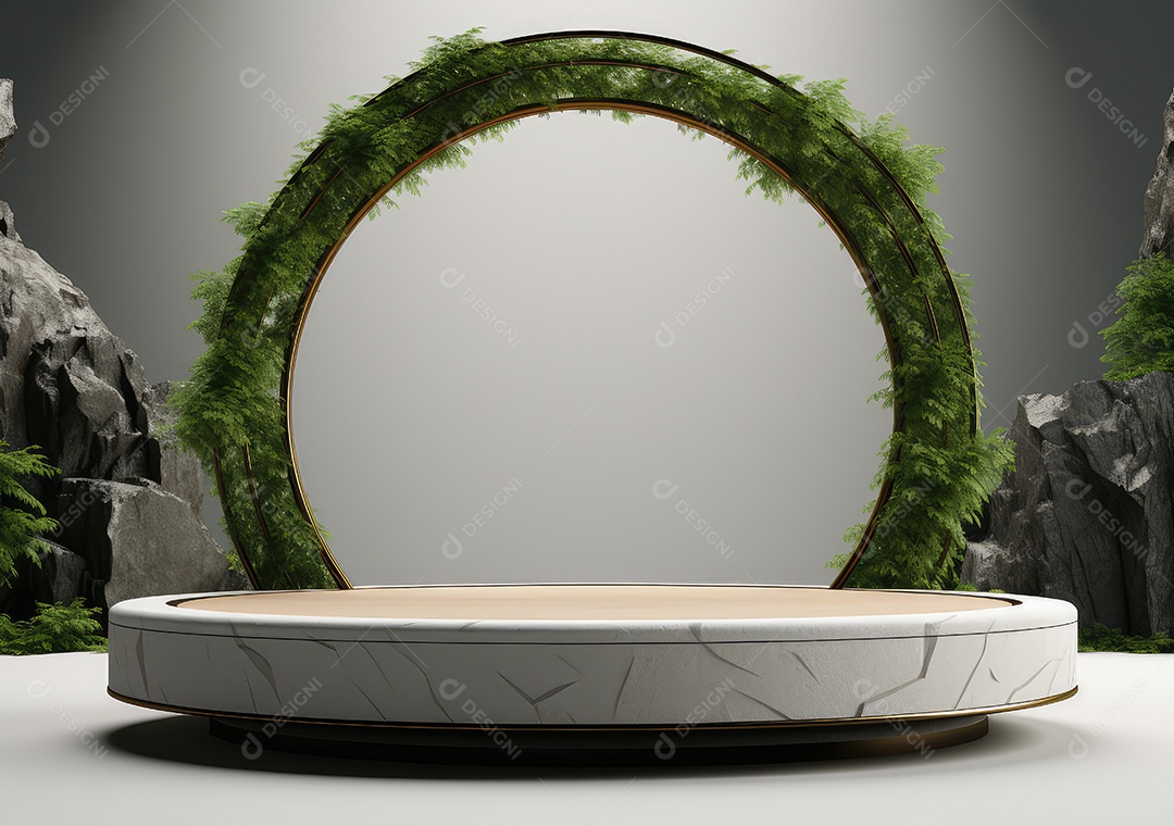 Exposição de produto de palco de pódio redondo de cerâmica 3D com fundo de paisagem de cenário natural. IA Gerativa