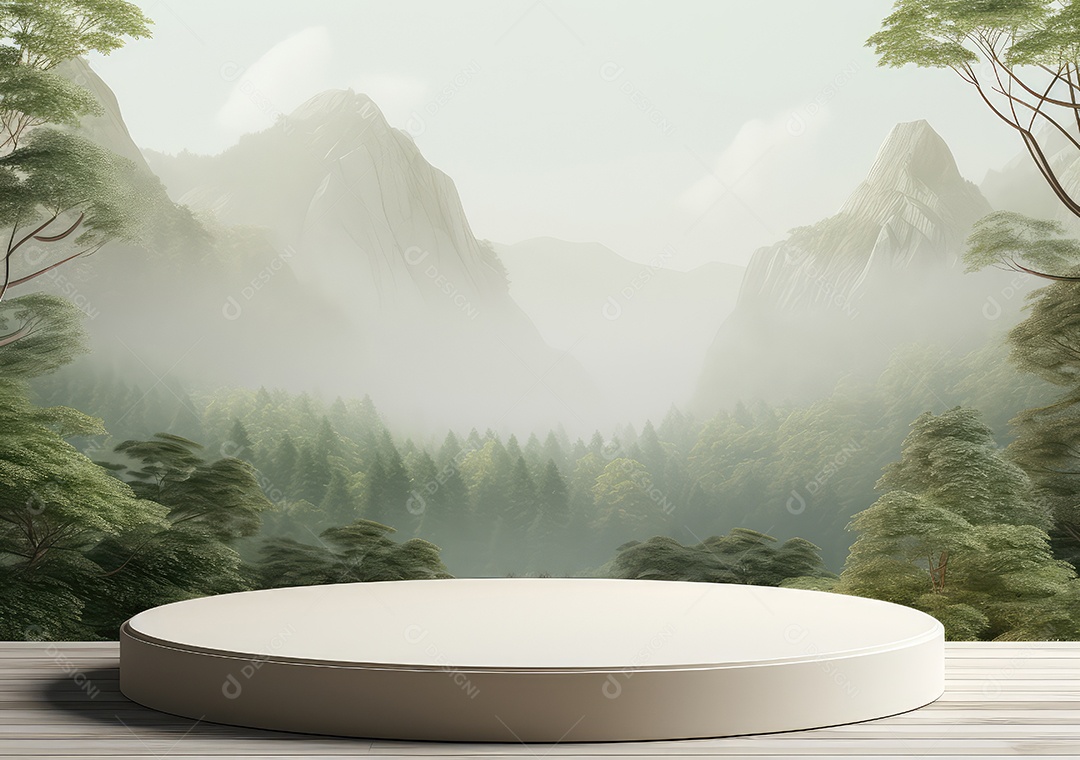 Exposição de produto de palco de pódio redondo de cerâmica 3D com fundo de paisagem de cenário natural. IA Gerativa
