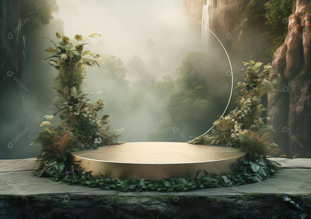 Exposição de produto de palco de pódio redondo de cerâmica 3D com fundo de paisagem de cenário natural. IA Gerativa