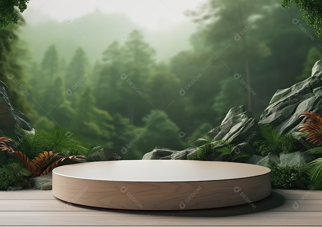 Exposição de produto de palco de pódio redondo de cerâmica 3D com fundo de paisagem de cenário natural. IA Gerativa