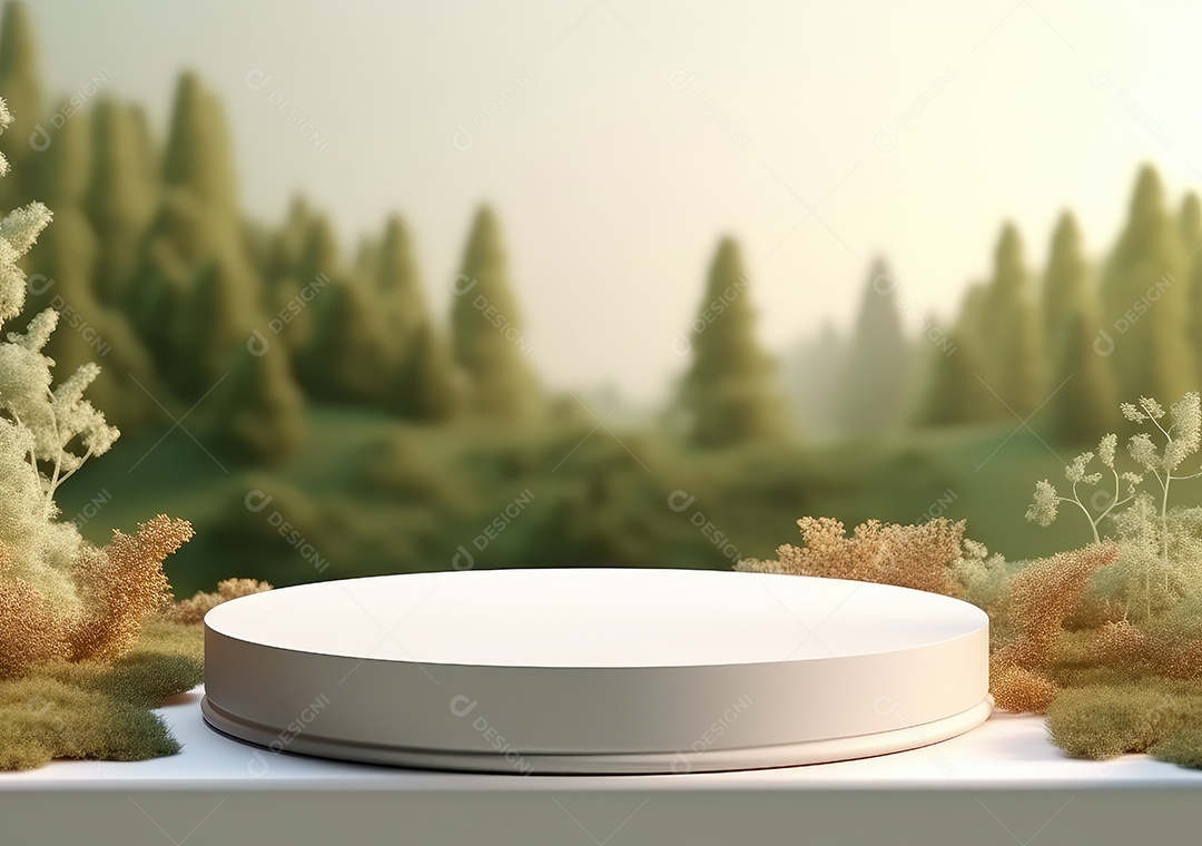 Exposição de produto de palco de pódio redondo de cerâmica 3D com fundo de paisagem de cenário natural. IA Gerativa