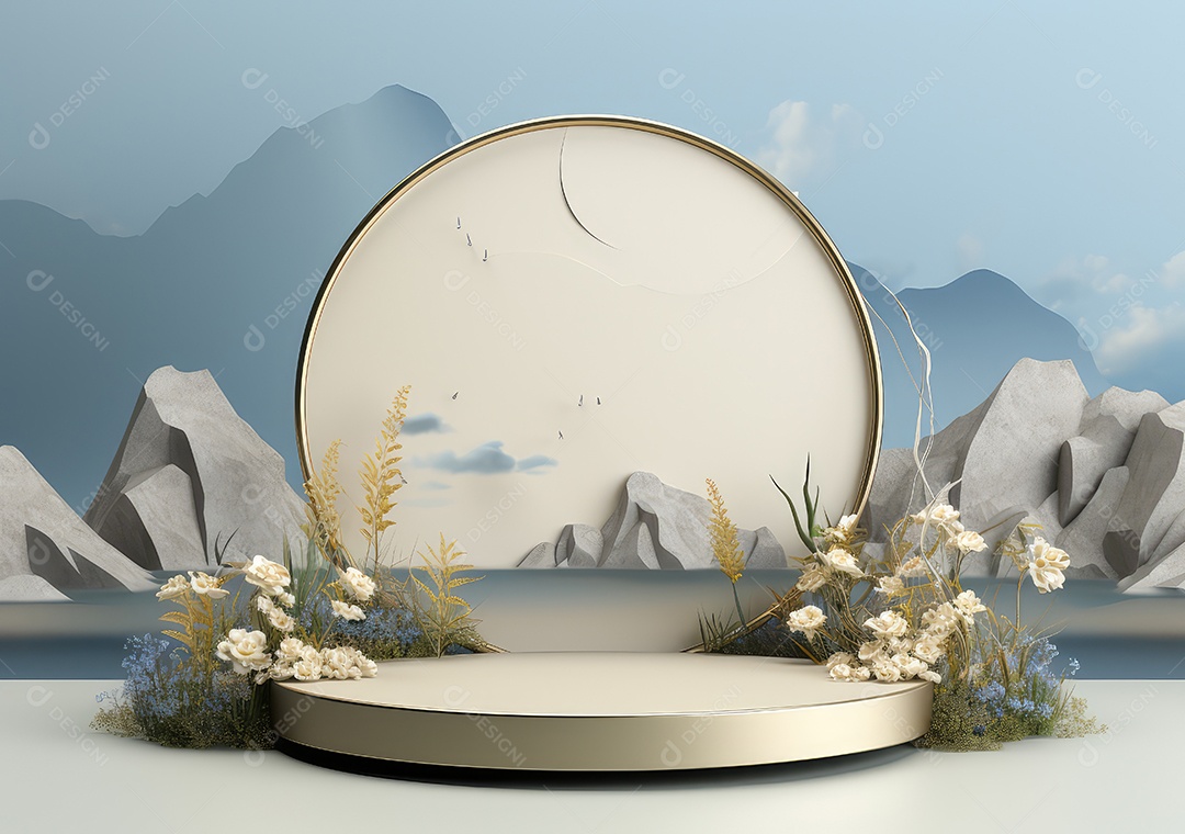 Exposição de produto de palco de pódio redondo de cerâmica 3D com fundo de paisagem de cenário natural. IA Gerativa