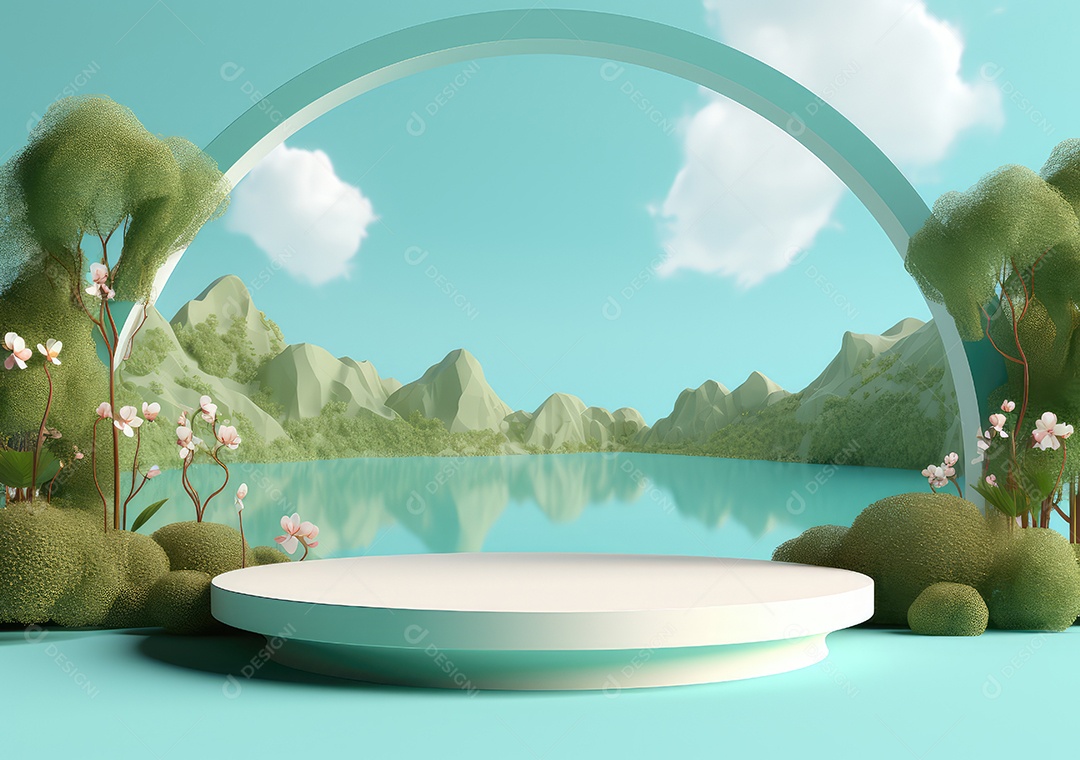 Exposição de produto de palco de pódio redondo de cerâmica 3D com fundo de paisagem de cenário natural. IA Gerativa