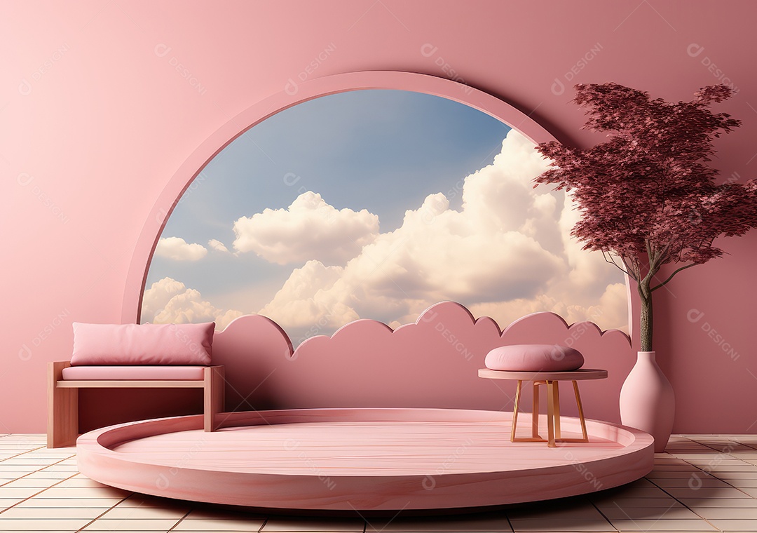 Fundo abstrato com pódio rosa e nuvem mínima verão