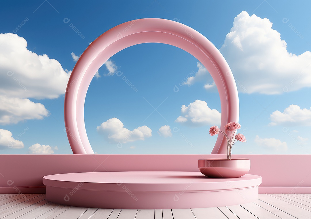 Fundo abstrato com pódio rosa e nuvem mínima verão