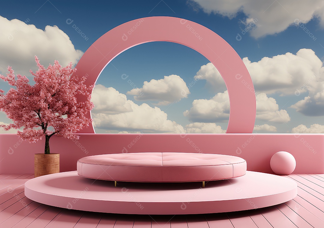 Fundo abstrato com pódio rosa e nuvem mínima verão