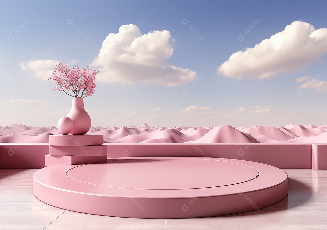 Fundo abstrato com pódio rosa e nuvem mínima verão
