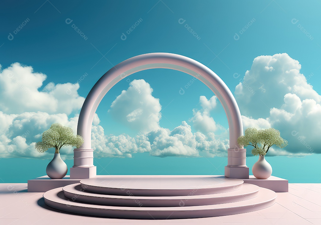 Fundo abstrato com pódio rosa e nuvem mínima verão