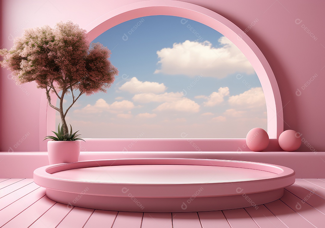 Fundo abstrato com pódio rosa e nuvem mínima verão