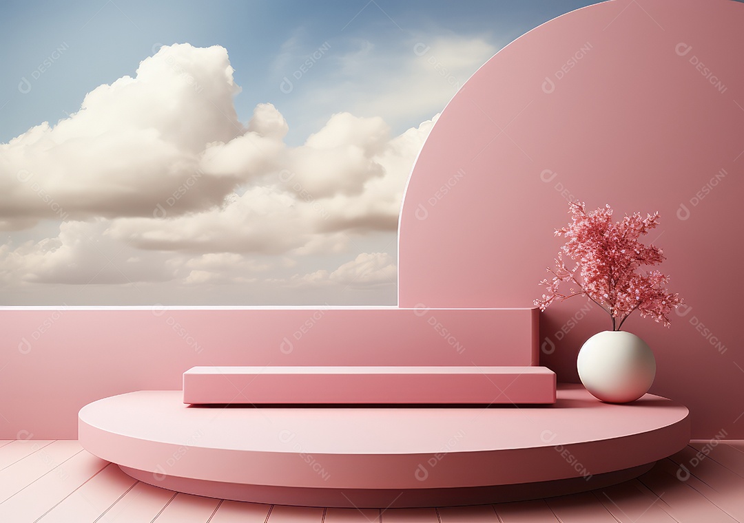 Fundo abstrato com pódio rosa e nuvem mínima verão