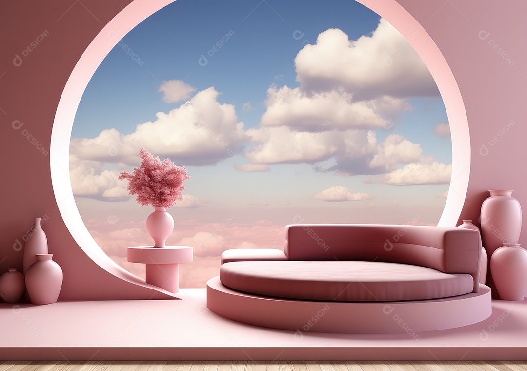 Fundo abstrato com pódio rosa e nuvem mínima verão