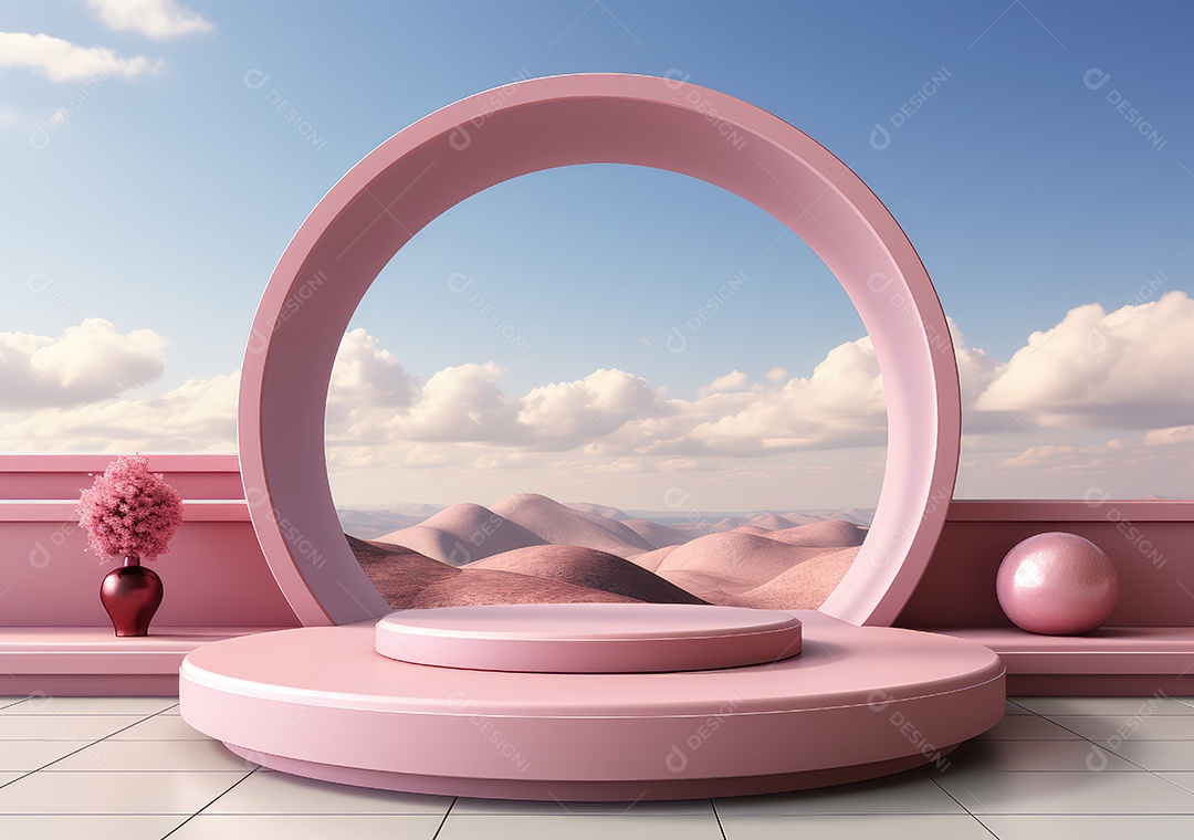 Fundo abstrato com pódio rosa e nuvem mínima verão