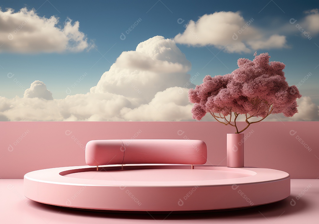 Fundo abstrato com pódio rosa e nuvem mínima verão