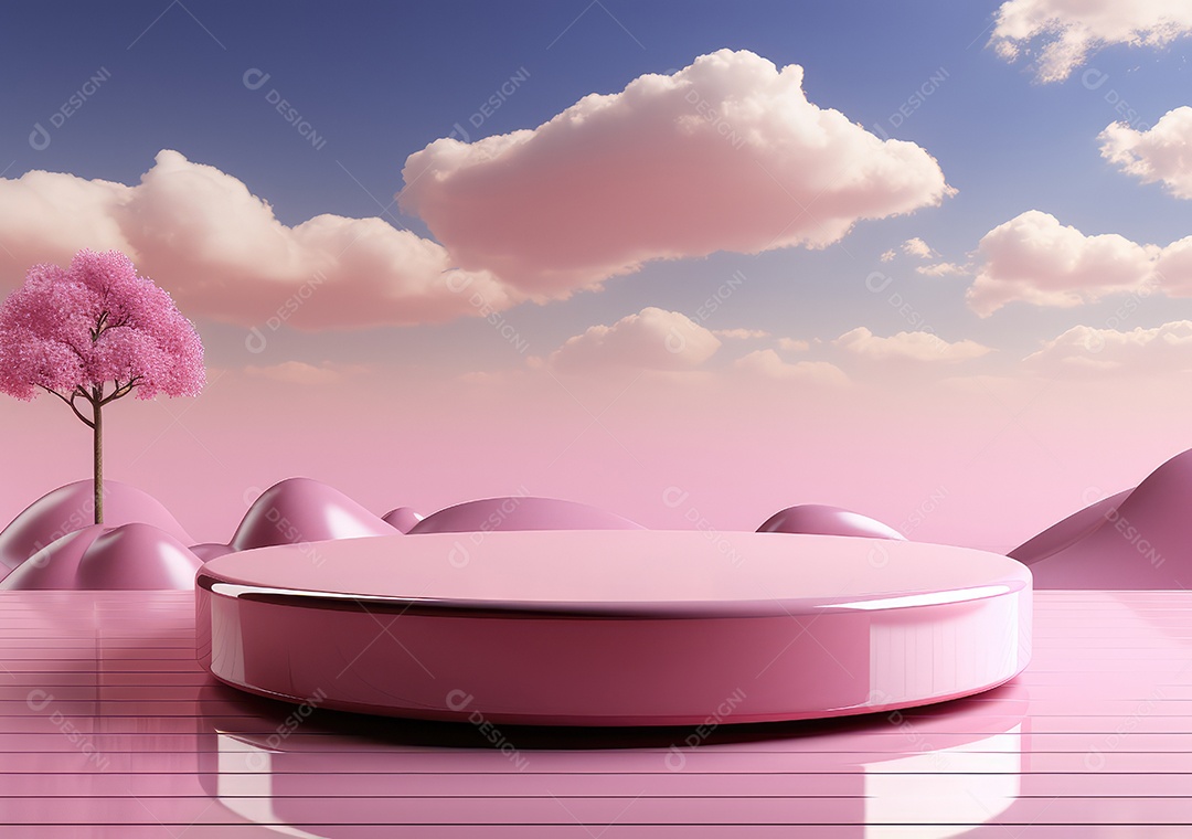 Fundo abstrato com pódio rosa e nuvem mínima verão