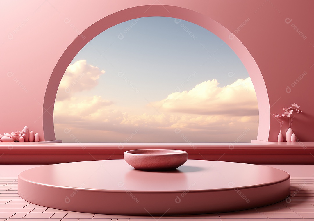 Fundo abstrato com pódio rosa e nuvem mínima verão