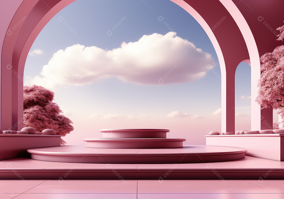 Fundo abstrato com pódio rosa e nuvem mínima verão