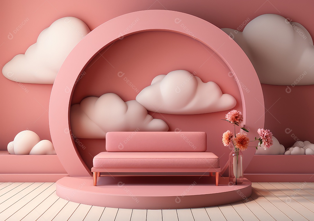 Fundo abstrato com pódio rosa e nuvem mínima verão