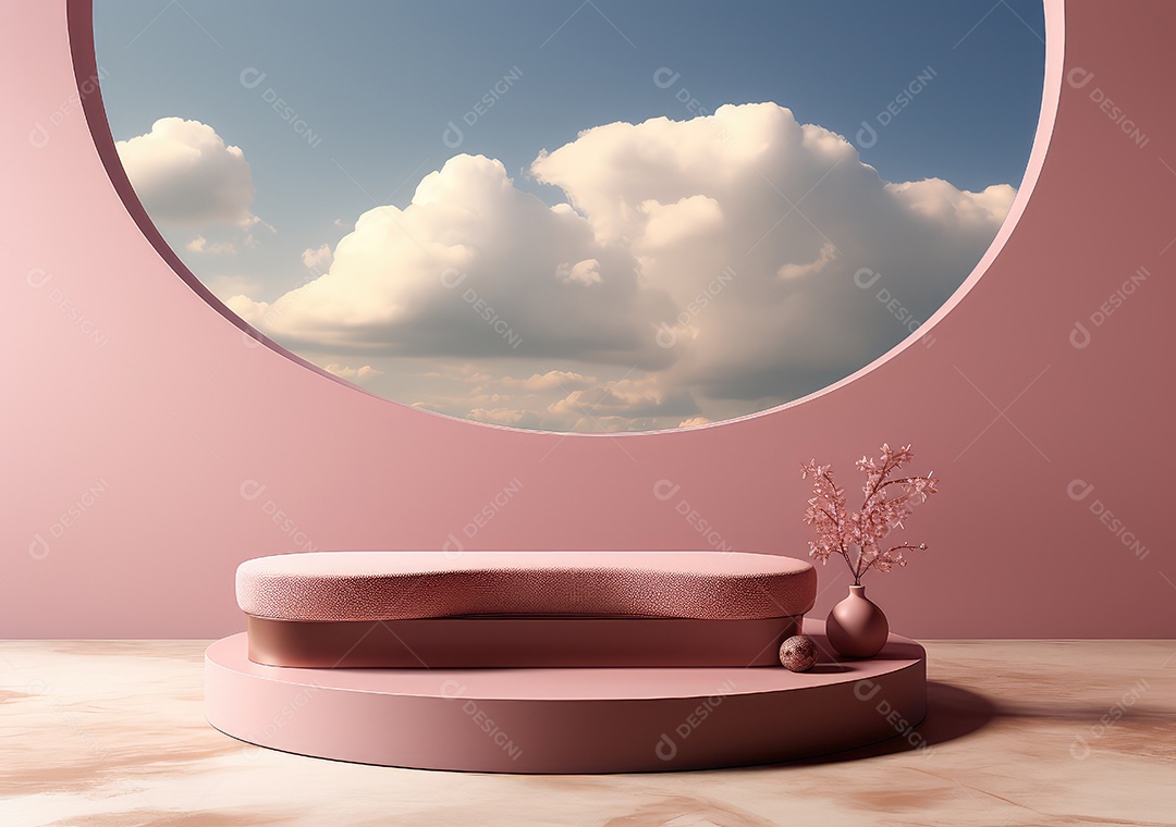 Fundo abstrato com pódio rosa e nuvem mínima verão