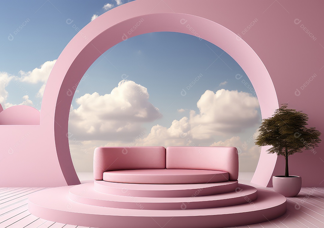 Fundo abstrato com pódio rosa e nuvem mínima verão