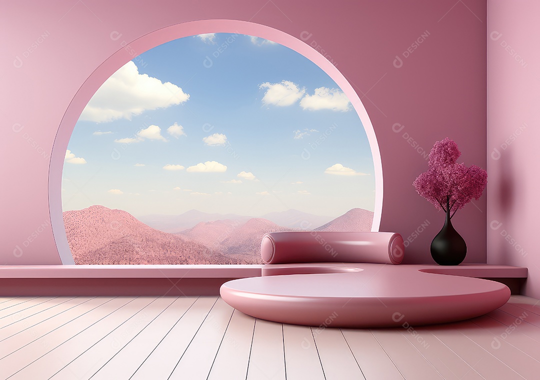 Fundo abstrato com pódio rosa e nuvem mínima verão