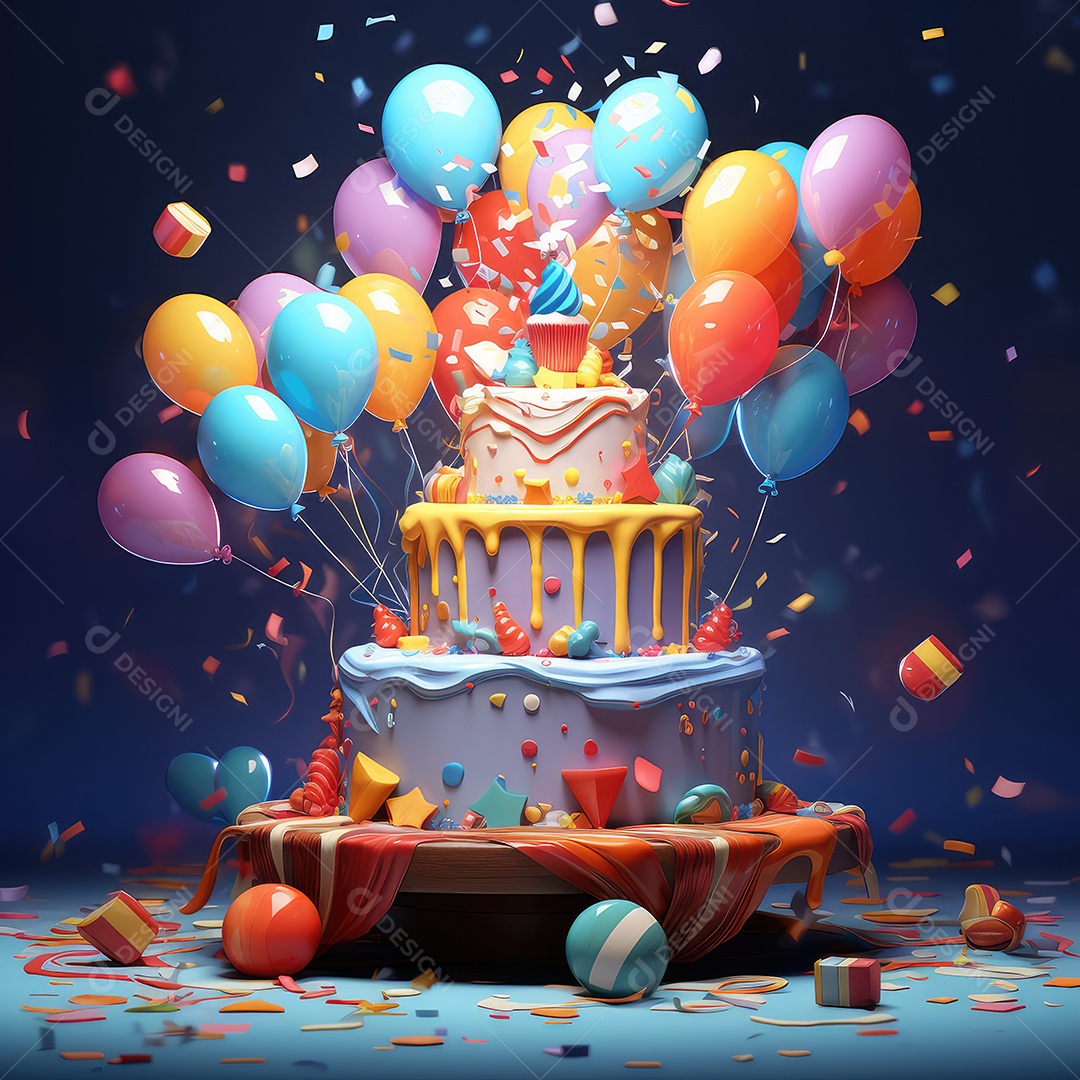 Bolo de aniversário colorido. Bolo arco-íris com balão em tons pastéis