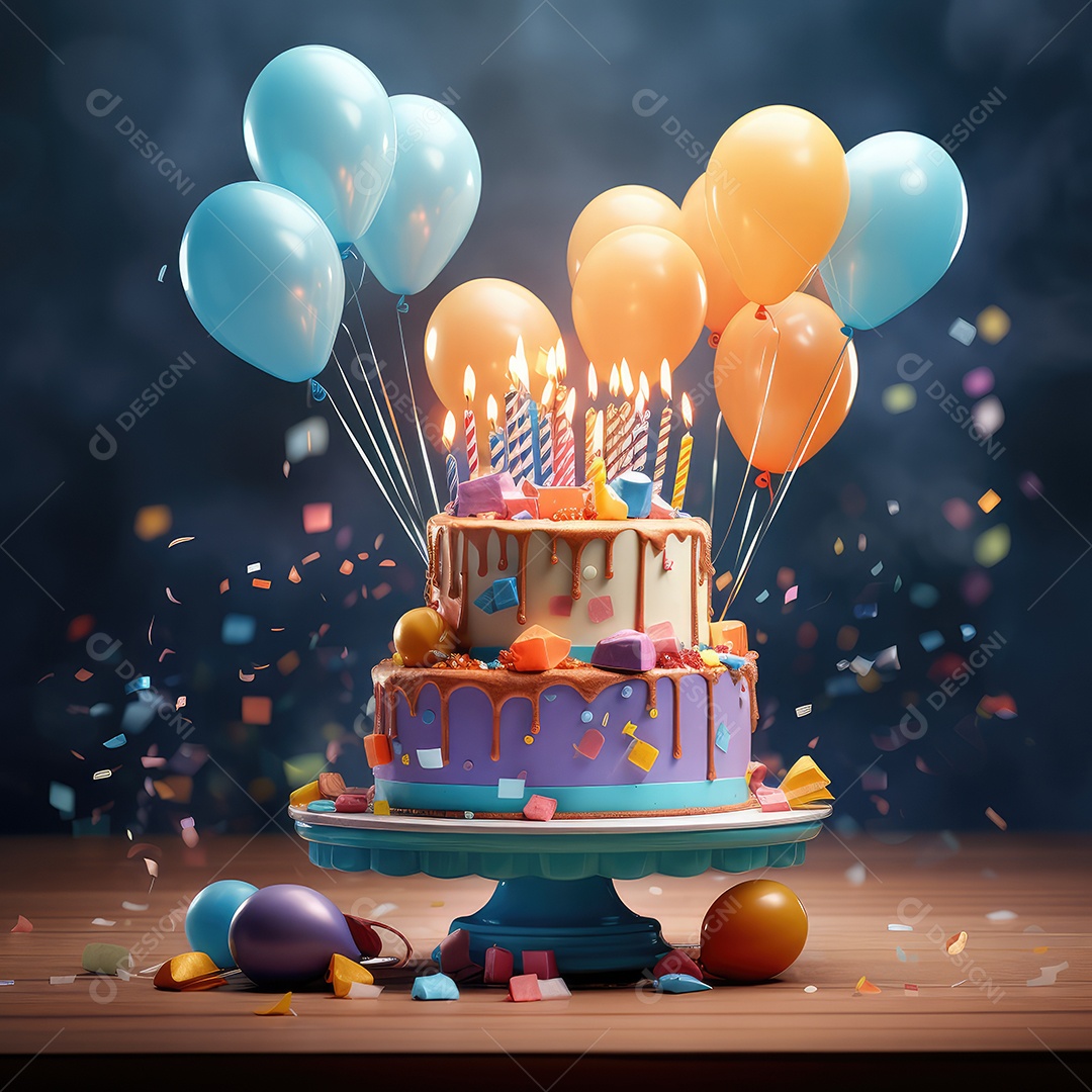 Bolo de aniversário colorido. Bolo arco-íris com balão em tons pastéis