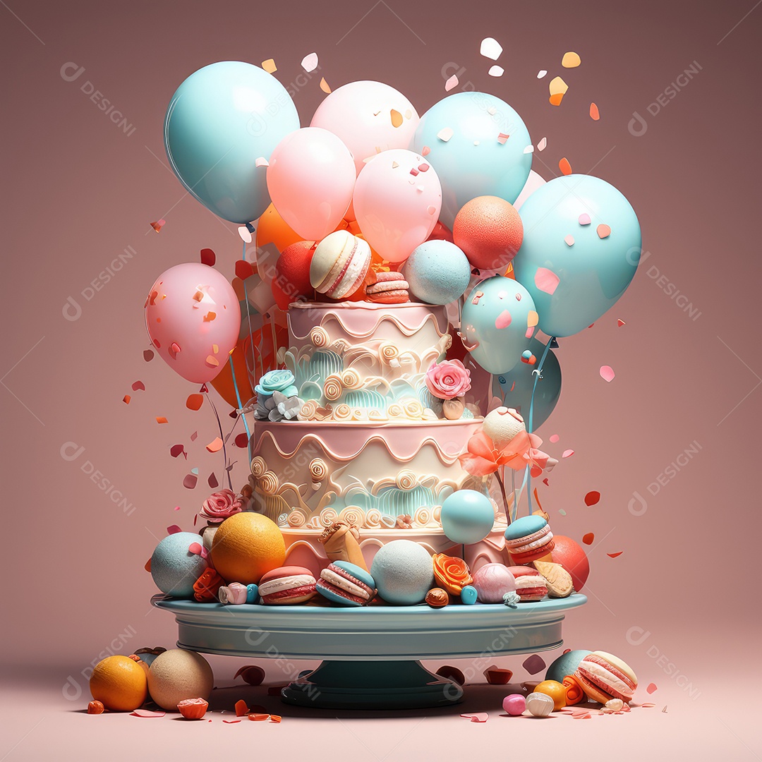 Bolo de aniversário colorido. Bolo arco-íris com balão em tons pastéis