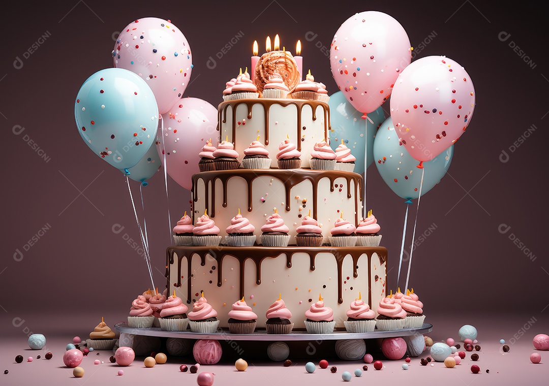 Bolo de aniversário colorido. Bolo arco-íris com balão em tons pastéis