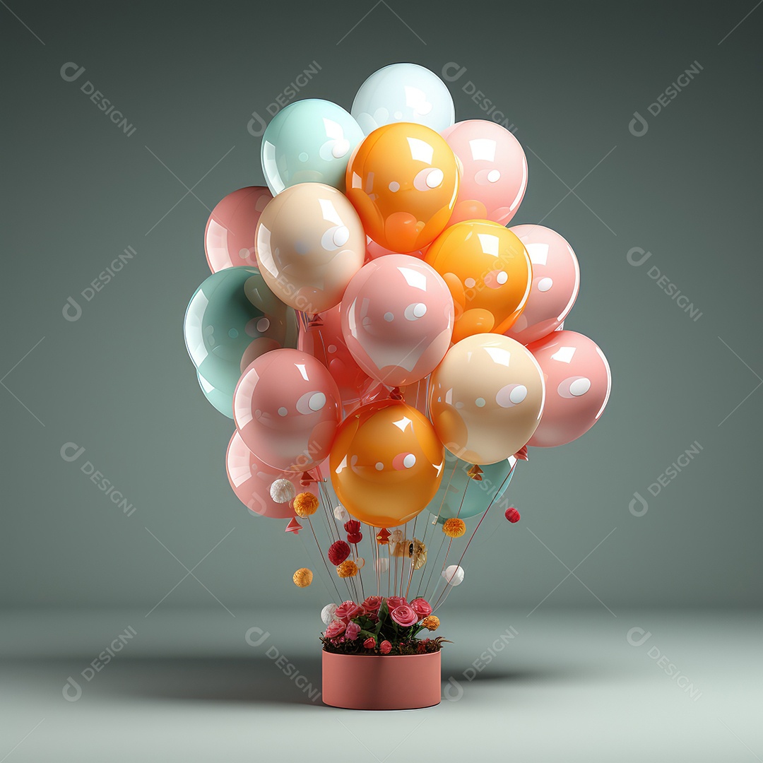 Bolo de aniversário colorido. Bolo arco-íris com balão em tons pastéis