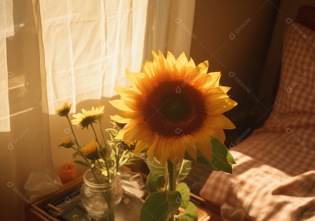 Lindos girassóis na mesa dentro de casa. IA generativa.