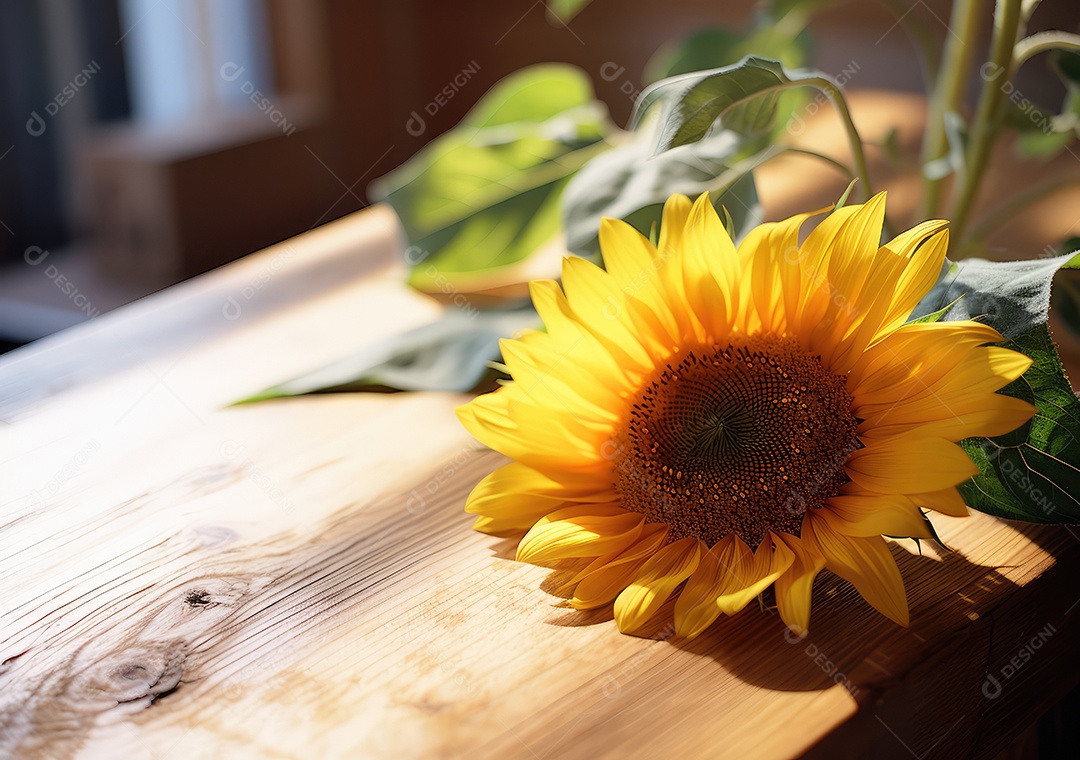 Lindos girassóis na mesa dentro de casa. IA generativa.