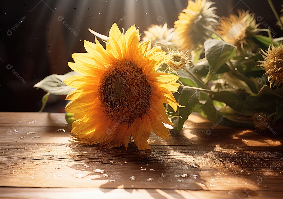 Lindos girassóis na mesa dentro de casa. IA generativa.