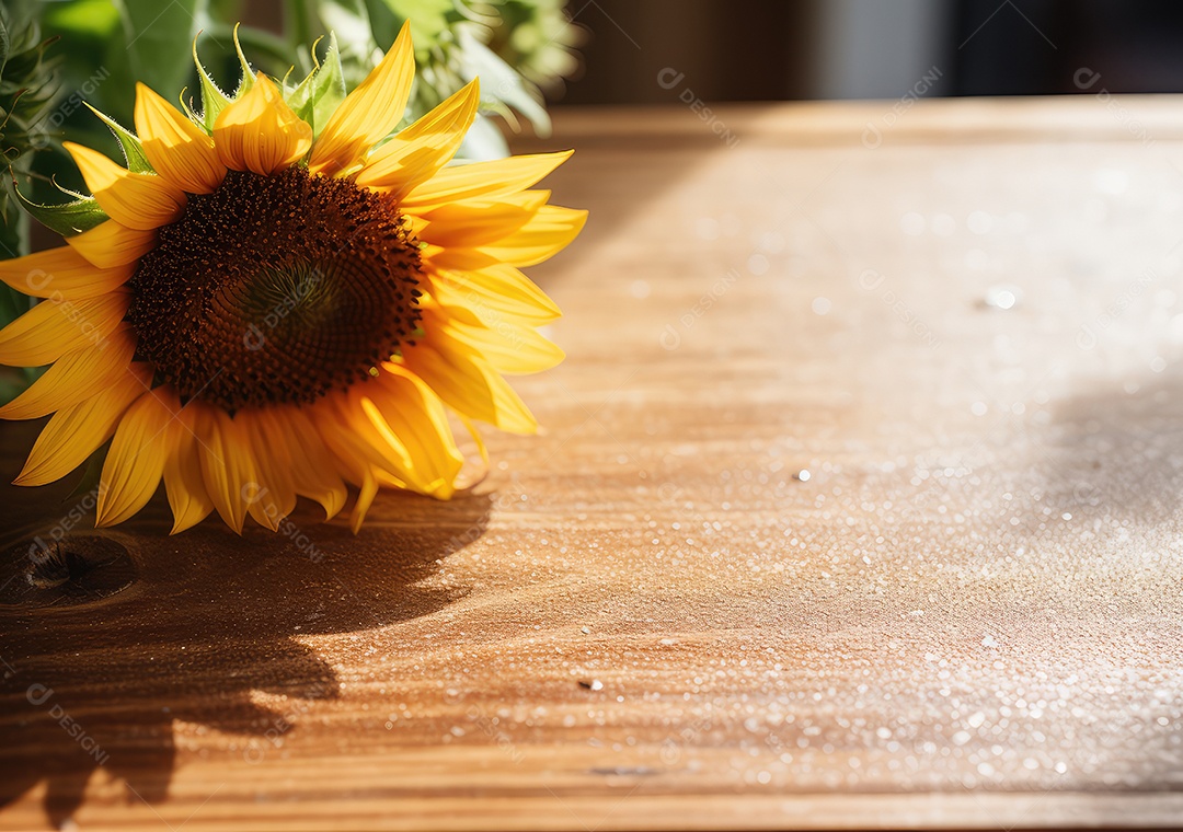Lindos girassóis na mesa dentro de casa. IA generativa.