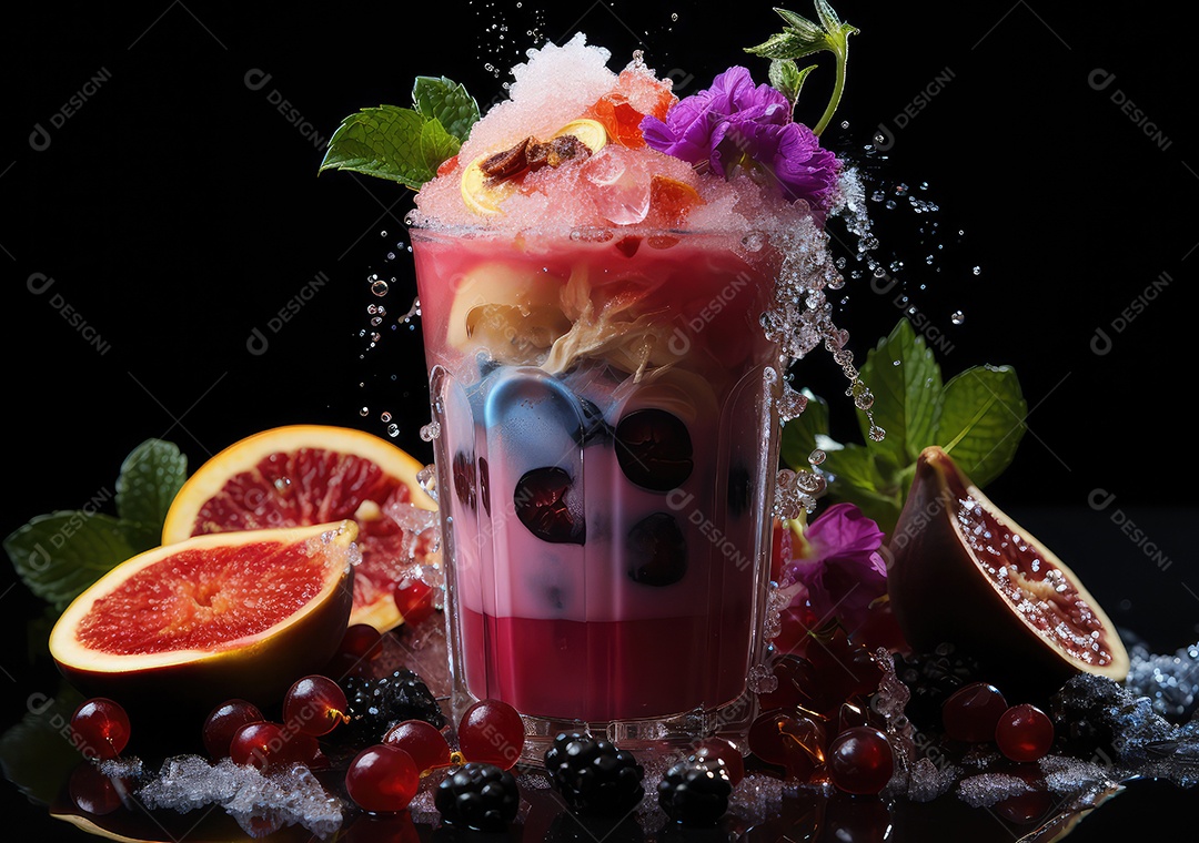 Smoothie de sucos de cor fresca de frutas tropicais em vidro com fundo escuro. IA generativa.