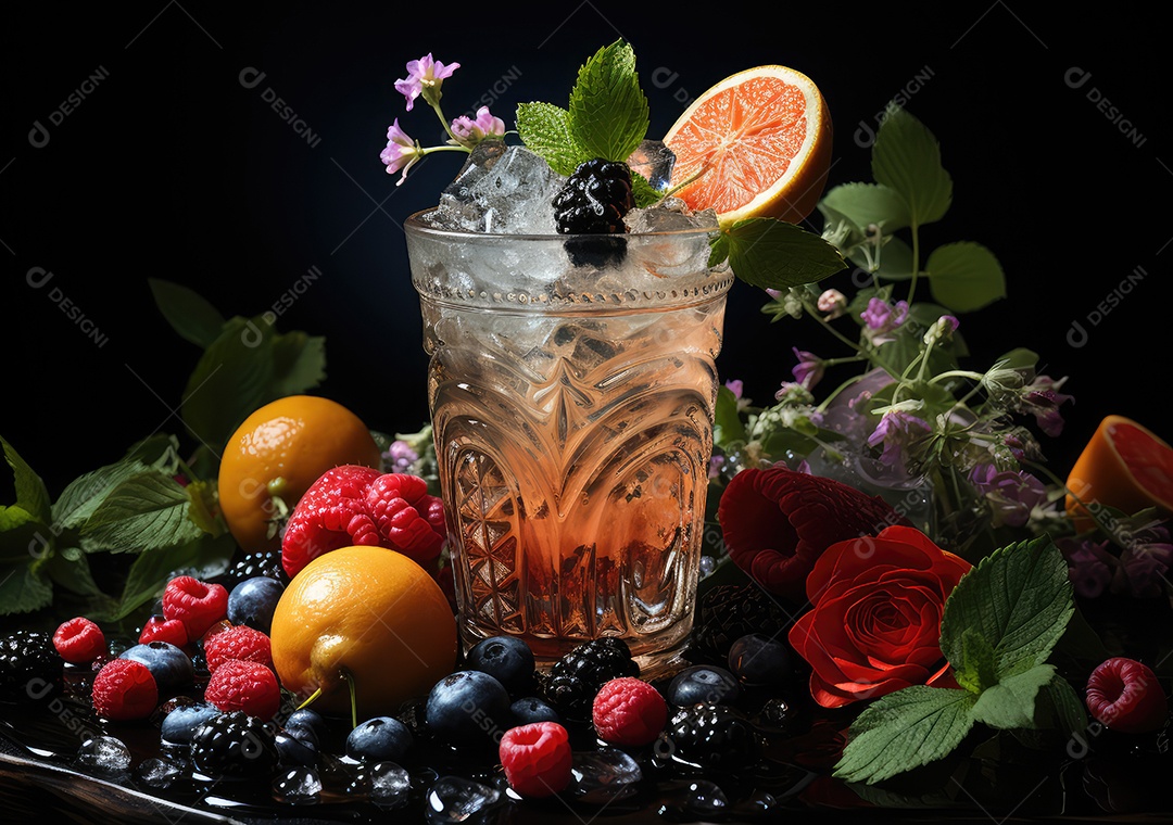 Smoothie de sucos de cor fresca de frutas tropicais em vidro com fundo escuro. IA generativa.