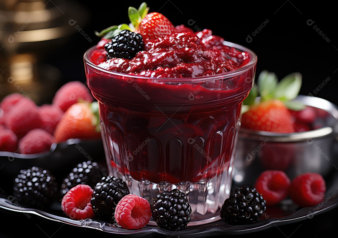 Smoothie de sucos de cor fresca de frutas tropicais em vidro com fundo escuro. IA generativa.