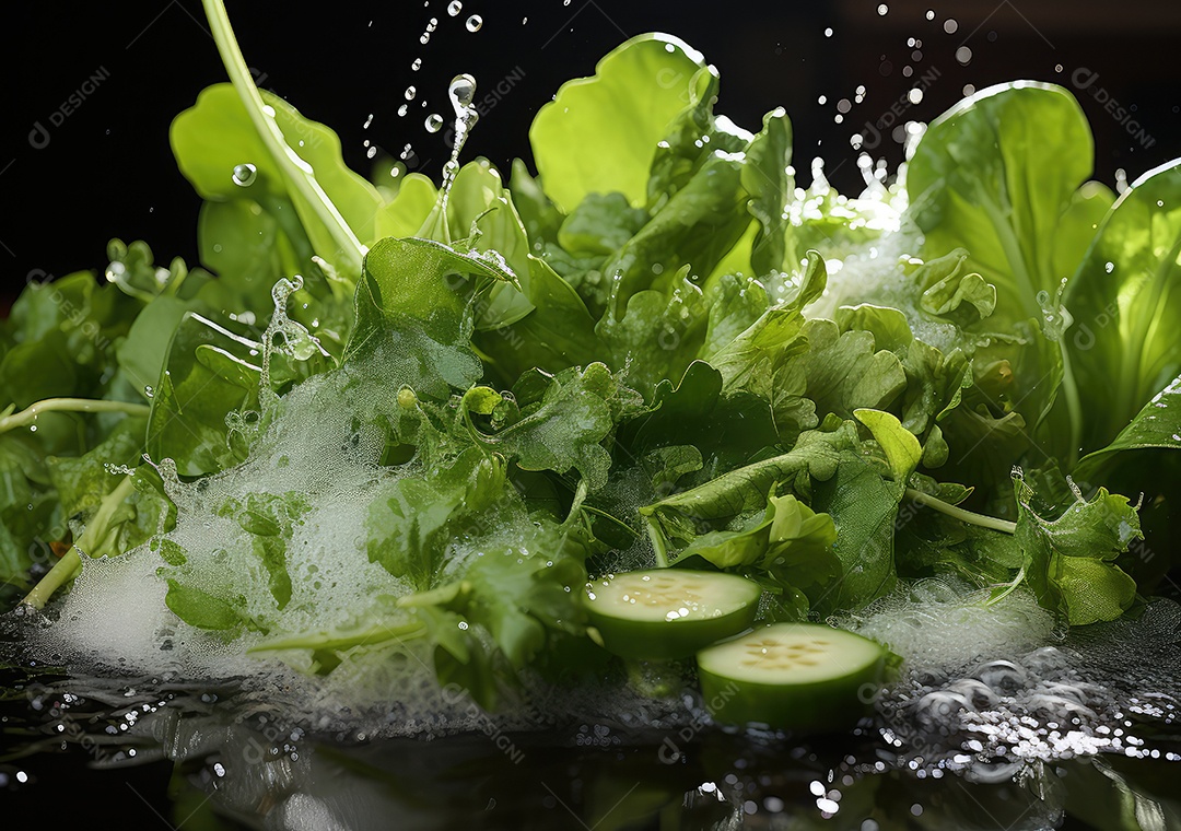 Salada de legumes frescos e comida com respingos de água flutuam no prato com fundo escuro de estúdio. IA generativa.