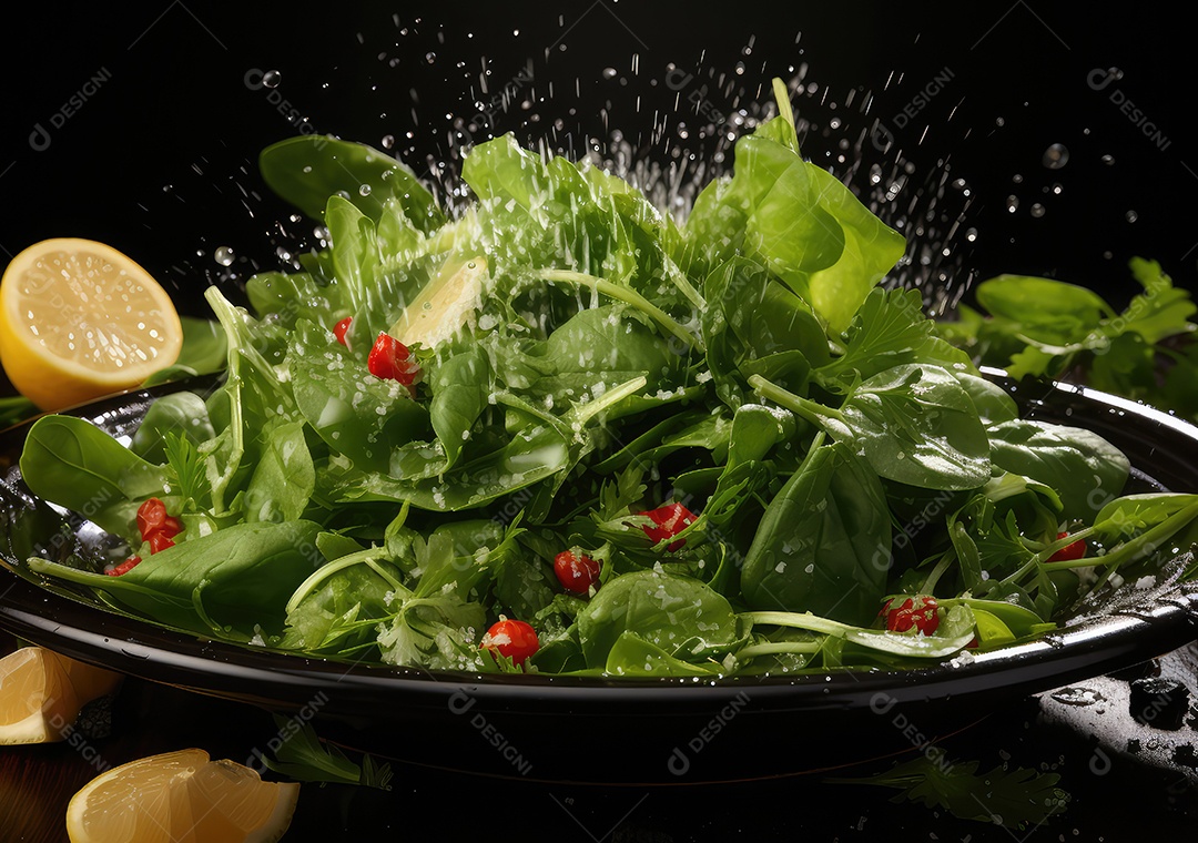 Salada de legumes frescos e comida com respingos de água flutuam no prato com fundo escuro de estúdio. IA generativa.