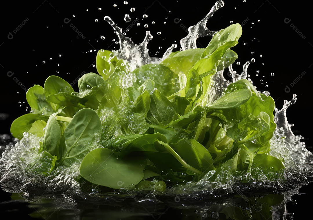 Salada de legumes frescos e comida com respingos de água flutuam no prato com fundo escuro de estúdio. IA generativa.