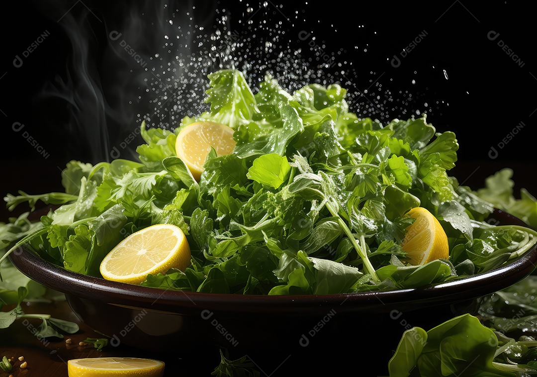 Salada de legumes frescos e comida com respingos de água flutuam no prato com fundo escuro de estúdio. IA generativa.