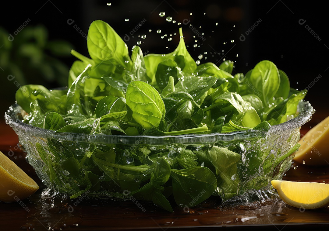 Salada de legumes frescos e comida com respingos de água flutuam no prato com fundo escuro de estúdio. IA generativa.
