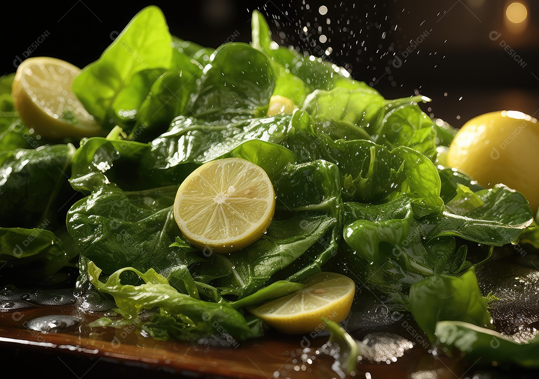 Salada de legumes frescos e comida com respingos de água flutuam no prato com fundo escuro de estúdio. IA generativa.