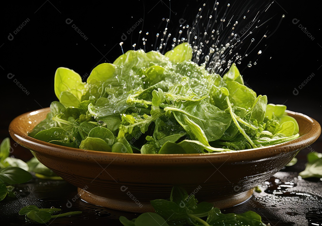 Salada de legumes frescos e comida com respingos de água flutuam no prato com fundo escuro de estúdio. IA generativa.