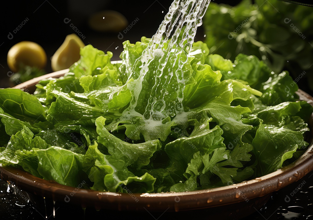 Salada de legumes frescos e comida com respingos de água flutuam no prato com fundo escuro de estúdio. IA generativa.