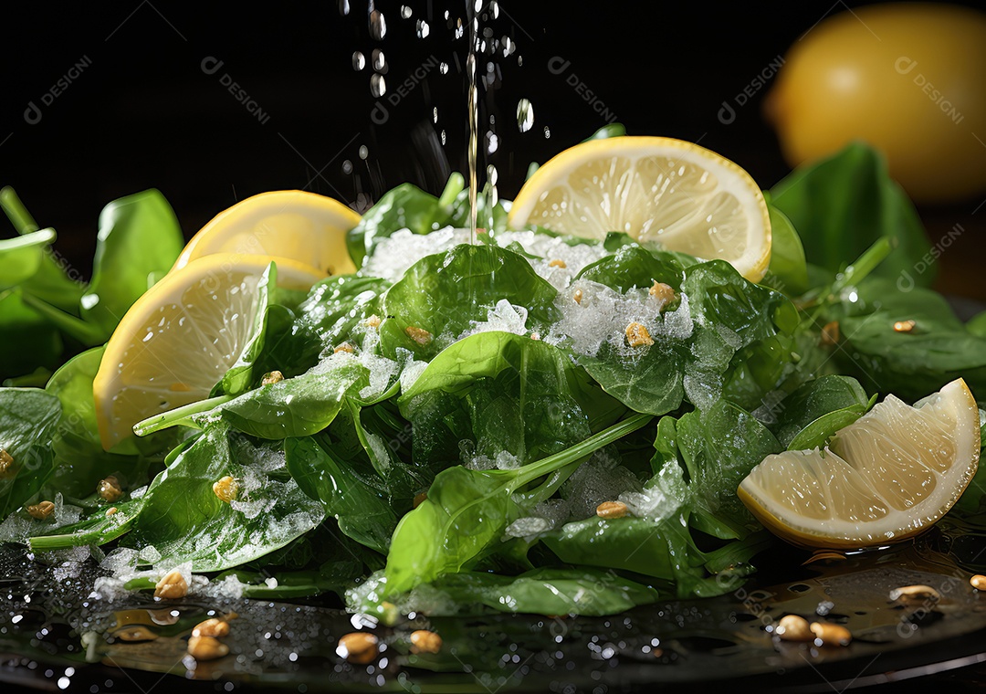 Salada de legumes frescos e comida com respingos de água flutuam no prato com fundo escuro de estúdio. IA generativa.