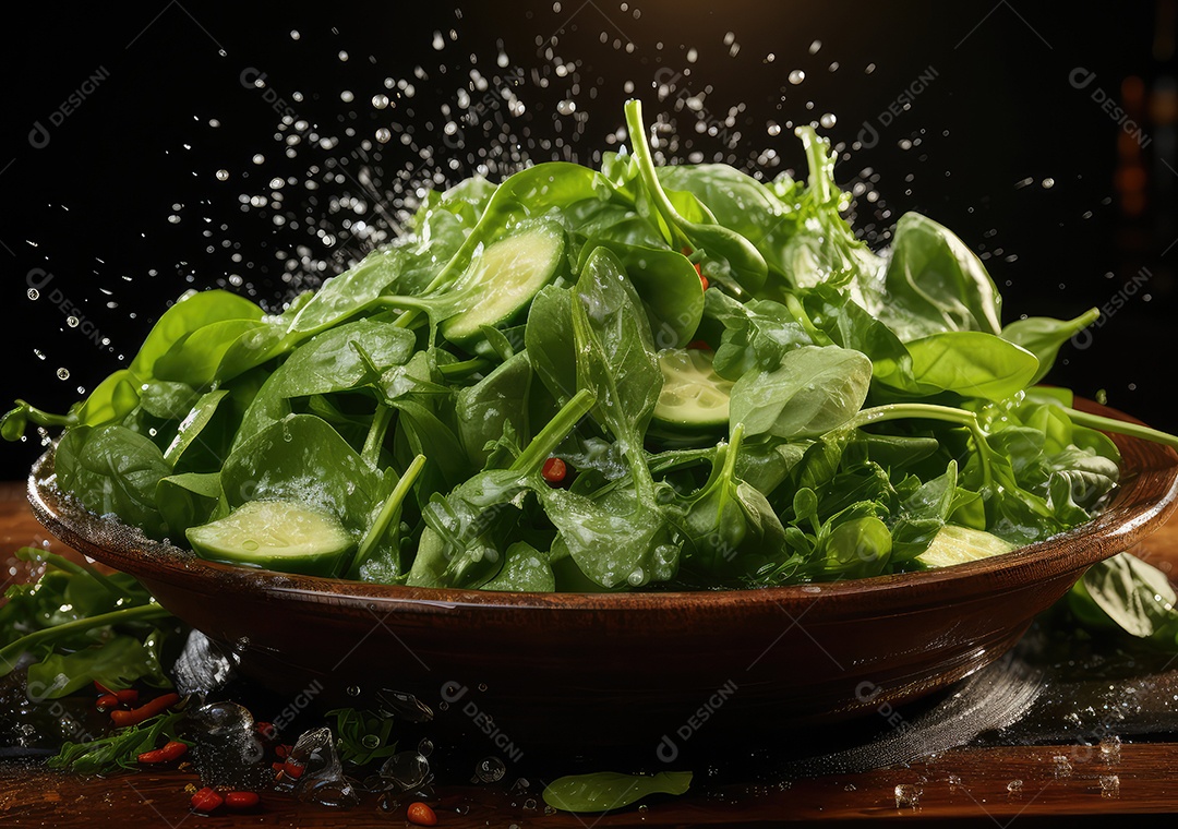 Salada de legumes frescos e comida com respingos de água flutuam no prato com fundo escuro de estúdio. IA generativa.