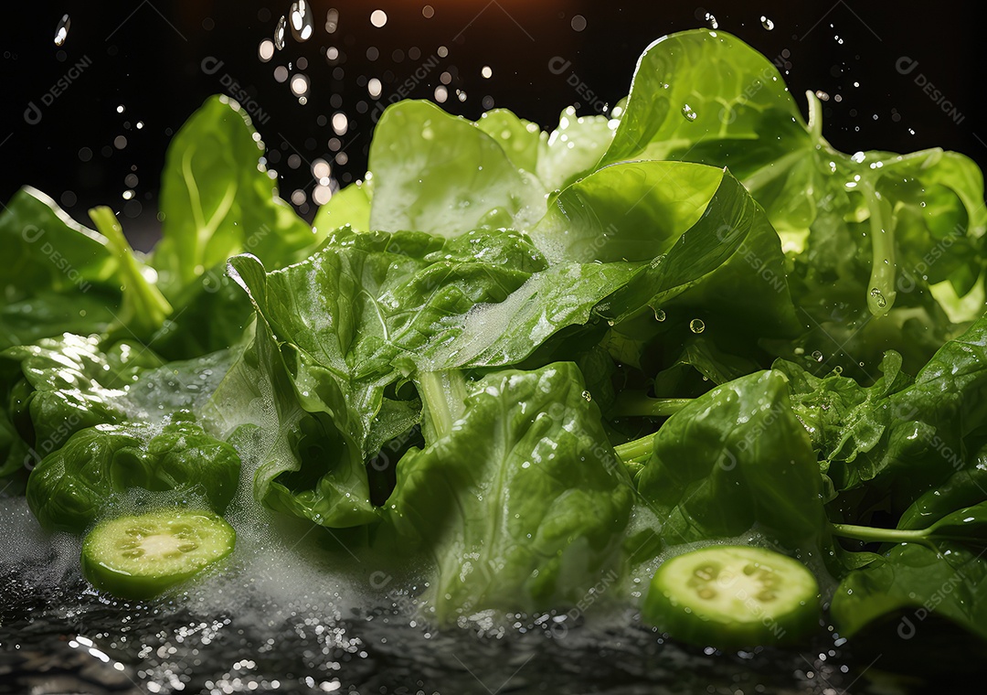 Salada de legumes frescos e comida com respingos de água flutuam no prato com fundo escuro de estúdio. IA generativa.