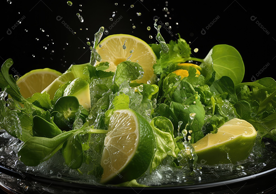 Salada de legumes frescos e comida com respingos de água flutuam no prato com fundo escuro de estúdio. IA generativa.