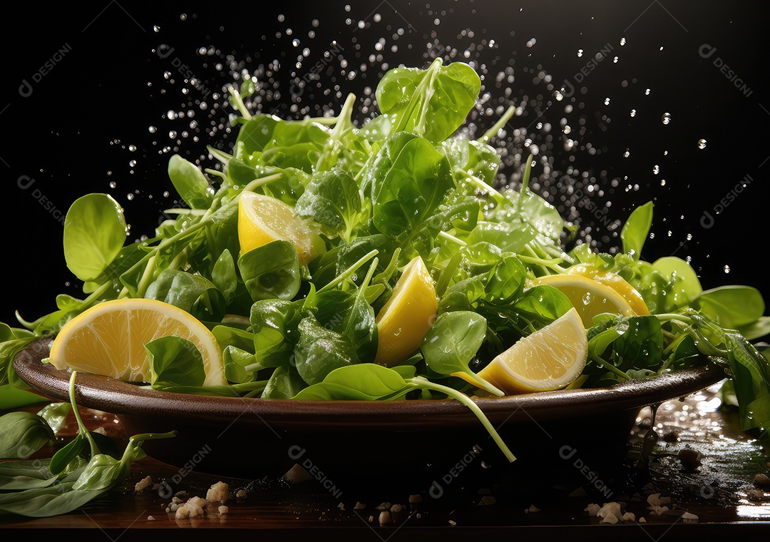 Salada de legumes frescos e comida com respingos de água flutuam no prato com fundo escuro de estúdio. IA generativa.