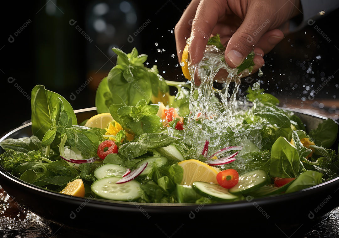 Salada de legumes frescos e comida com respingos de água flutuam no prato com fundo escuro de estúdio. IA generativa.